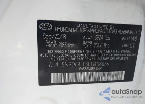 2019 Hyundai Elantra Sel z USA, uszkodzony, nr VIN 5NPD84LF3KH408676